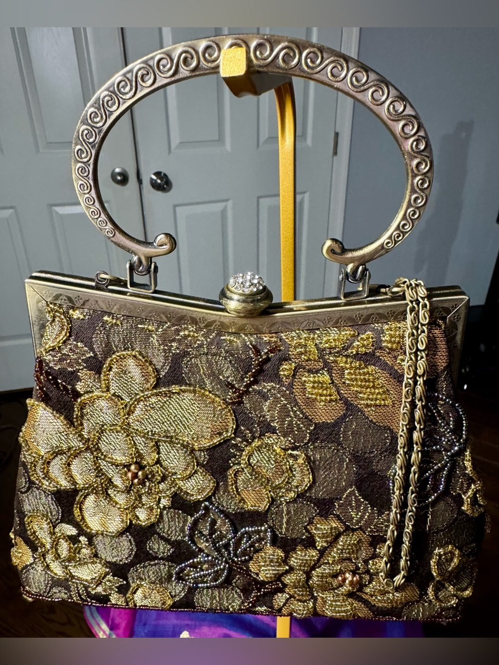 Vintage Style Gold Beaded Brocade Floral Frame Bag Top Handle
